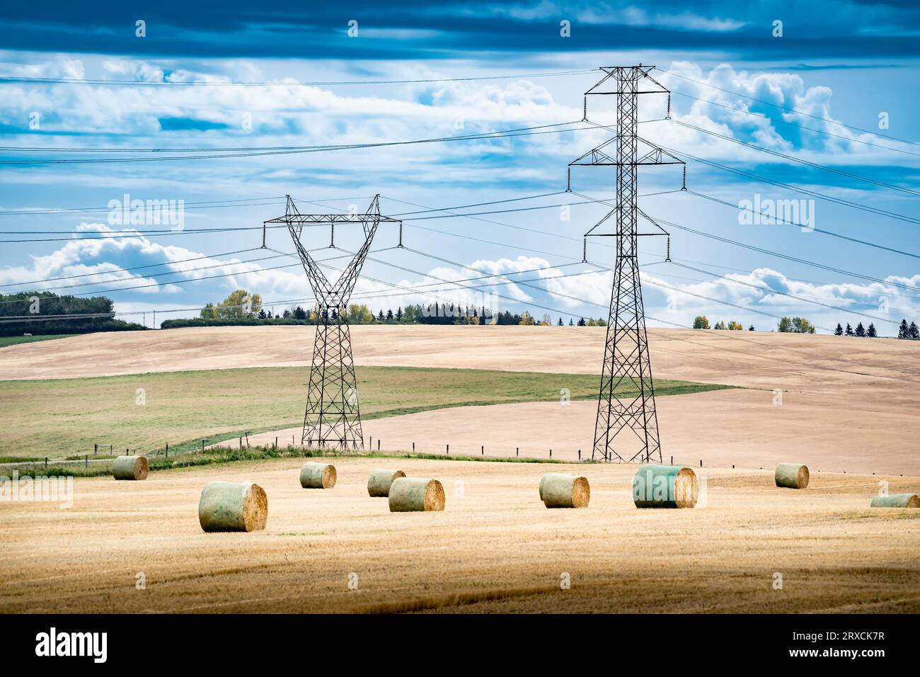 Transmission towers and power lines overlooking a farm field during fall harvest with round hay bales on the Canadian prairies in Rocky View County Al Stock Photo