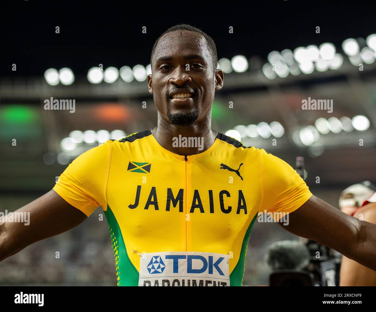 Handle Parchment of Jamaica competing in the 110m hurdles finals at the World Athletics