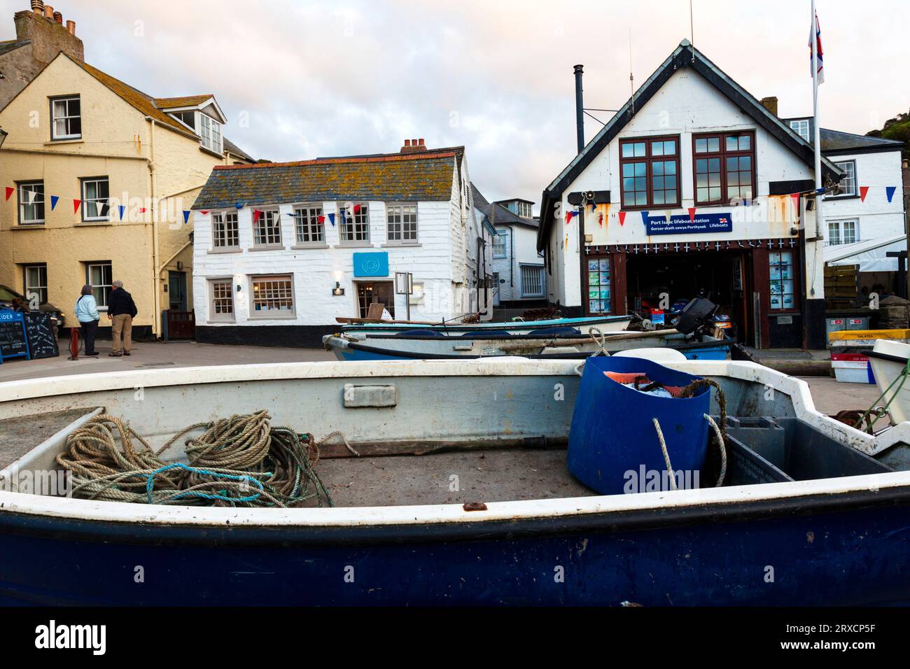 Early evening on The Platt (harbour) in Port Isaac, Cornwall, England, U.K. Stock Photo