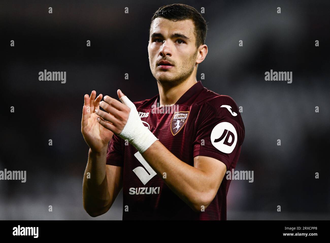 Perr Schuurs of Torino FC seen in action during Serie A 2023/24 football  match between Torino FC and AS Roma at Stadio Olimpico Grande Torino.  (Final scores; Torino 1