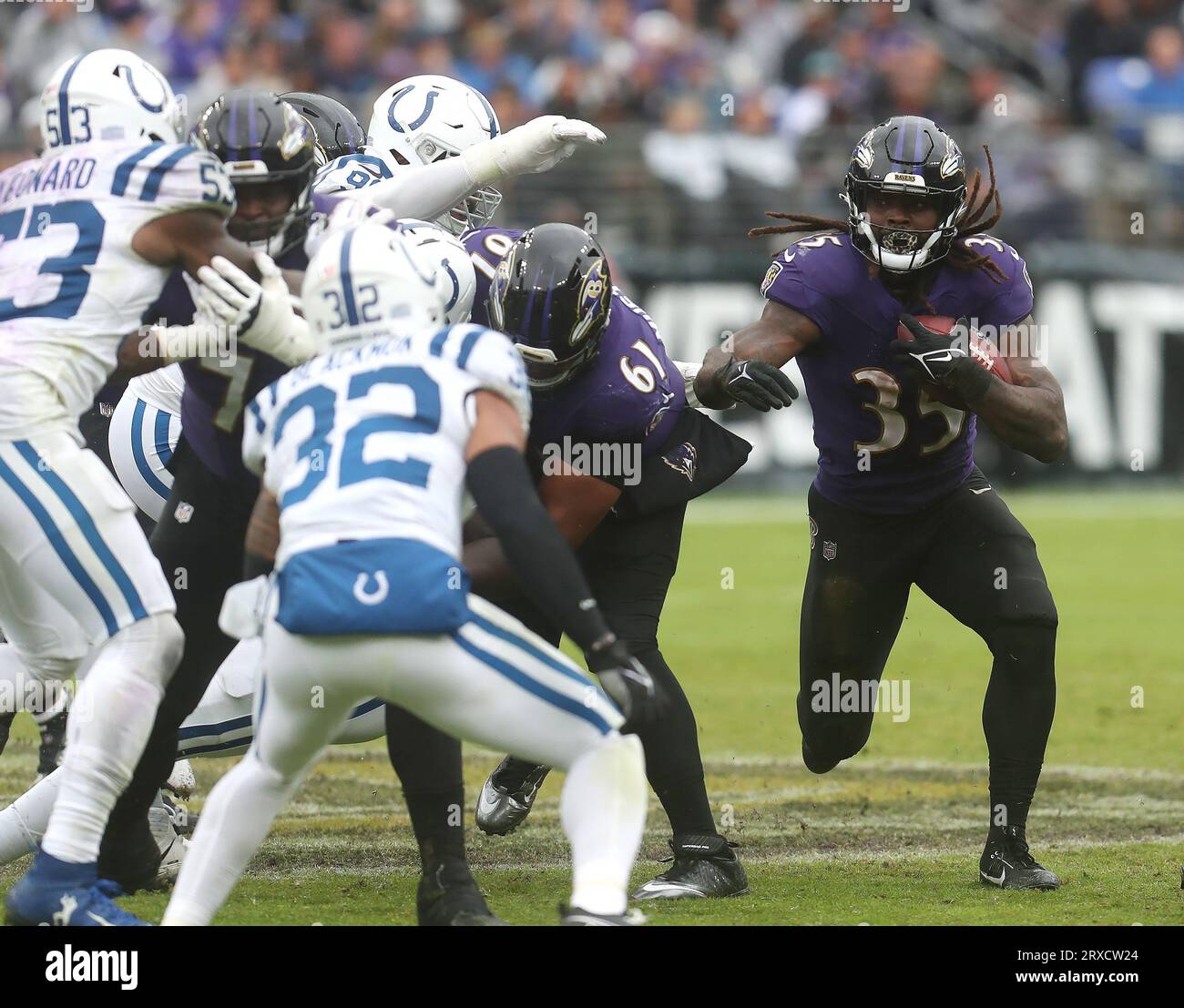 Baltimore, MD, USA. 24th Sep, 2023. Baltimore Ravens RB Gus Edwards (35) in action against the Indianapolis Colts at M&T Bank Stadium in Baltimore, MD. Photo/ Mike Buscher/Cal Sport Media/Alamy Live News Stock Photo