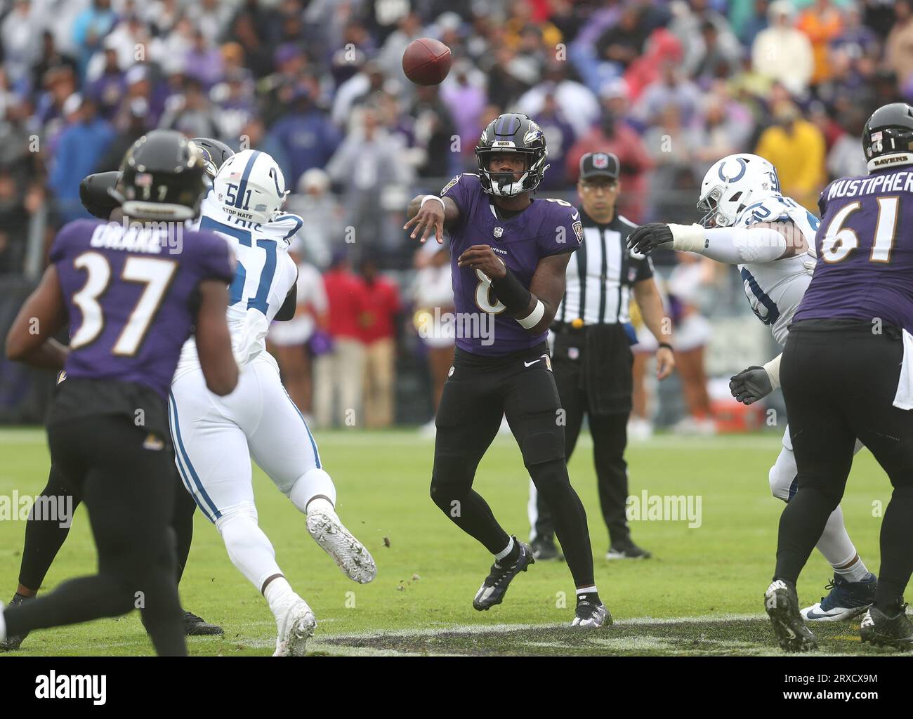 Baltimore, MD, USA. 24th Sep, 2023. Baltimore Ravens QB Lamar Jackson (8) in action against the Indianapolis Colts at M&T Bank Stadium in Baltimore, MD. Photo/ Mike Buscher/Cal Sport Media/Alamy Live News Stock Photo