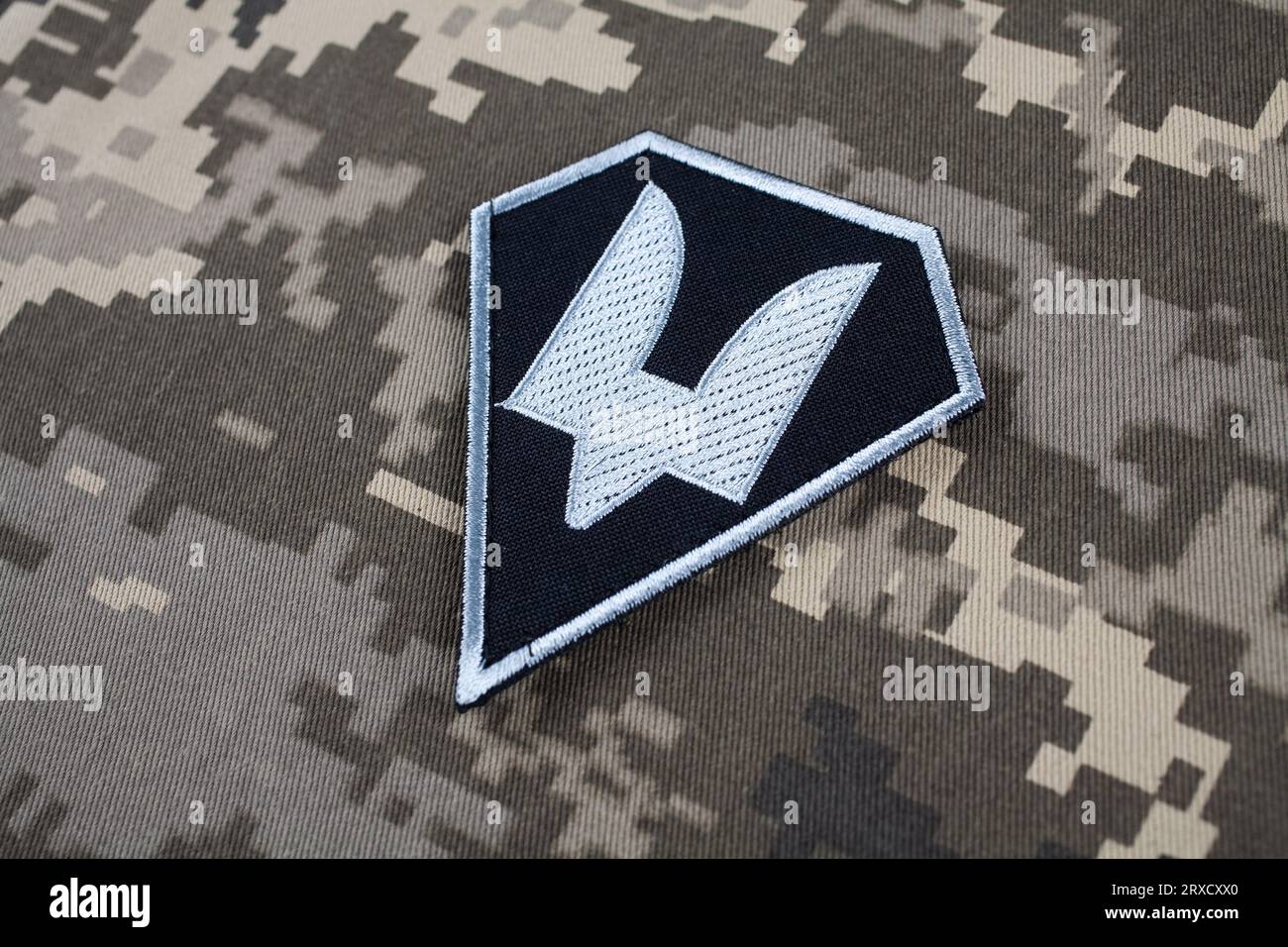KYIV, UKRAINE - October 5, 2022. Russian invasion in Ukraine 2022. The Special Operations Forces of Ukraine Army uniform shoulder sleeve insignia badg Stock Photo