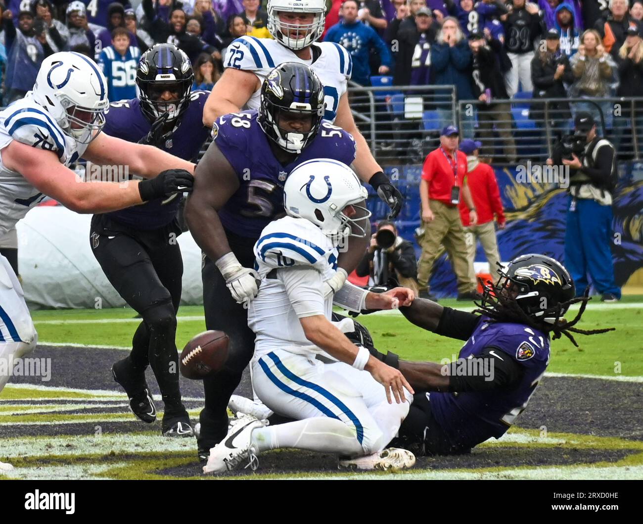 Baltimore, United States. 16th Nov, 2020. Indianapolis Colts quarterback Gardner Minshew II (10) is stopped in the end zone by Baltimore Ravens linebacker Jadeveon Clowney (R) and defensive tackle Michael Pierce (58) for a safety during the second half at M&T Bank Stadium in Baltimore, Maryland, on Sunday, September 24, 2023. Indianapolis won 22-19 on a field goal in overtime, Photo by David Tulis/UPI Credit: UPI/Alamy Live News Stock Photo
