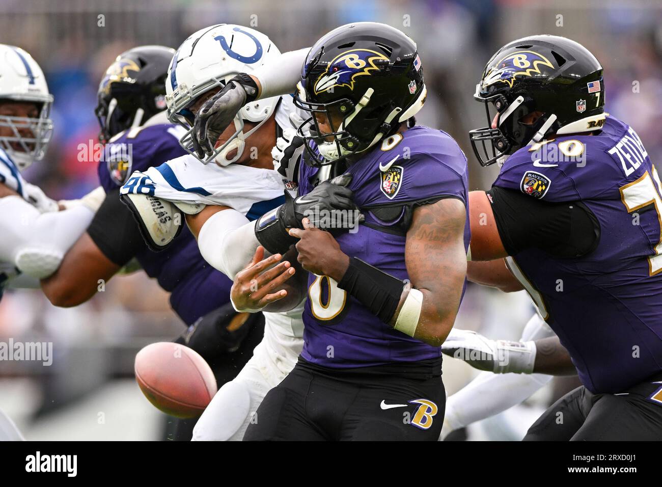 Baltimore, United States. 24th Sep, 2023. Baltimore Ravens quarterback Lamar Jackson (8) fumbles the ball under pressure by Indianapolis Colts safety Henry Black (36) during the first half at M&T Bank Stadium in Baltimore, Maryland, on Sunday, September 24, 2023. Photo by David Tulis/UPI Credit: UPI/Alamy Live News Stock Photo