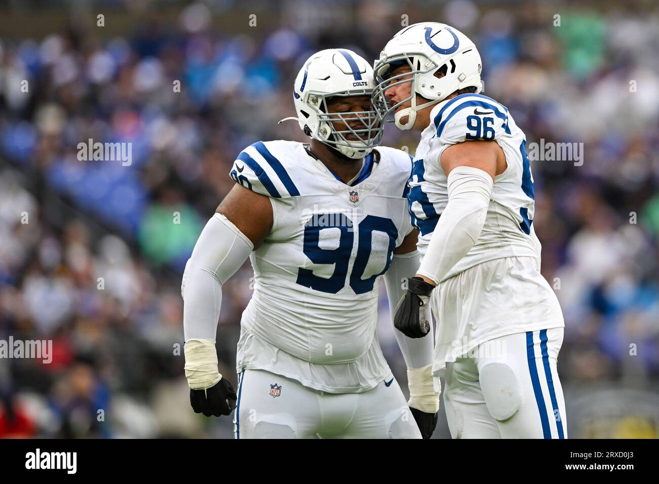 Baltimore, United States. 24th Sep, 2023. Indianapolis Colts defensive tackles Grover Stewart (90) and Taven Bryan (96) reacts after stopping the Baltimore Ravens during the first half at M&T Bank Stadium in Baltimore, Maryland, on Sunday, September 24, 2023. Photo by David Tulis/UPI Credit: UPI/Alamy Live News Stock Photo