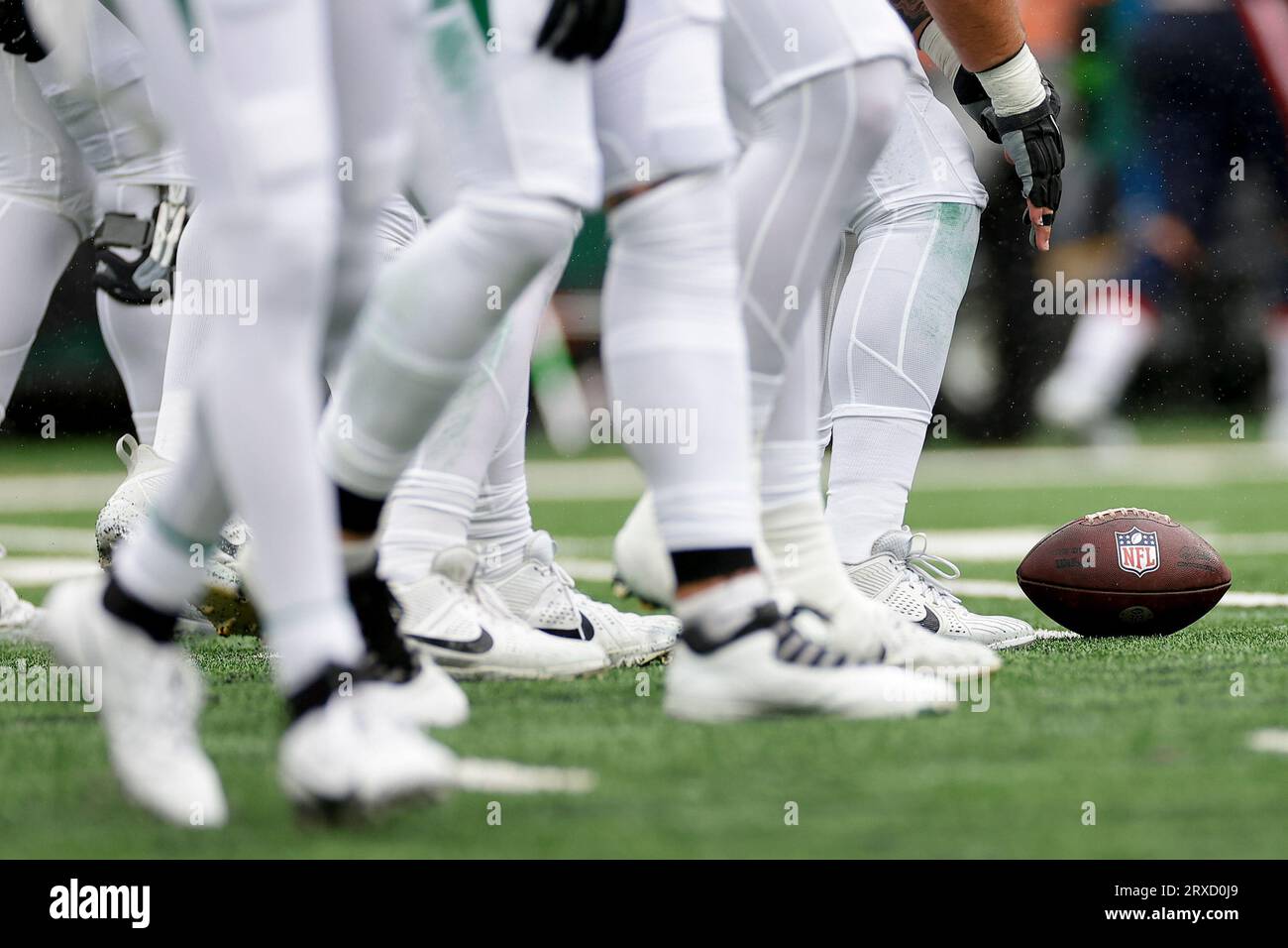 The New York Jets prepare line up on the line of scrimmage against the New  England Patriots during an NFL football game, Sunday, Sept. 24, 2023, in  East Rutherford, N.J. (AP Photo/Adam