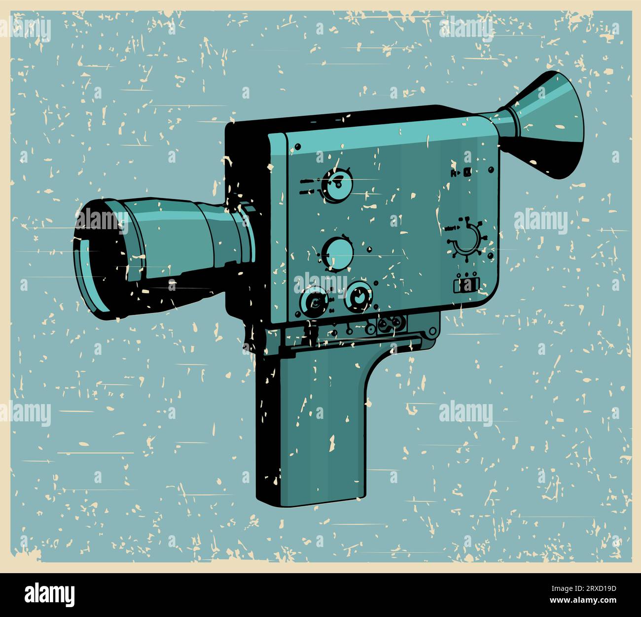 Stylized vector illustration of a handheld film vintage movie camera in