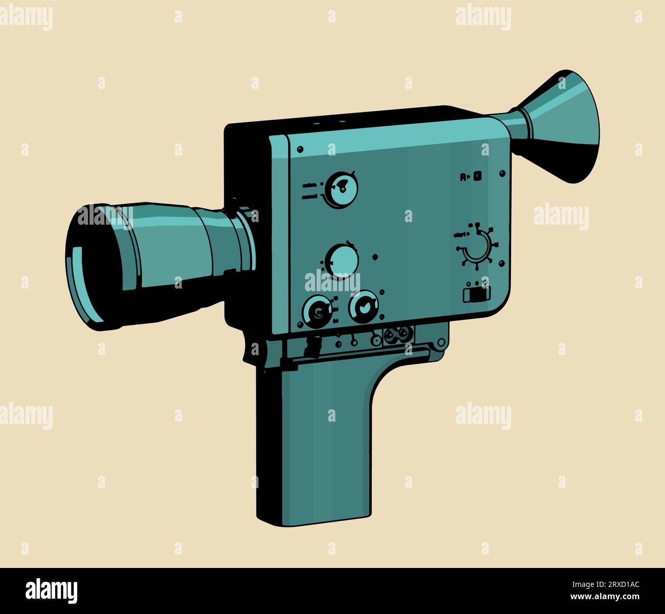 Stylized vector illustration of hand-held film vintage movie camera Stock Vector