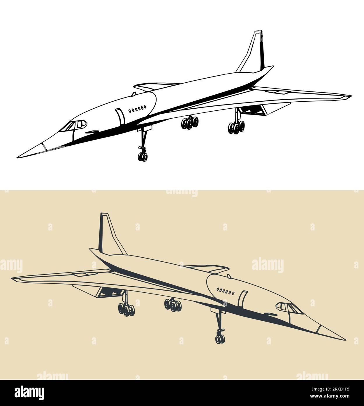 Stylized vector illustrations of supersonic passenger aircraft Stock Vector