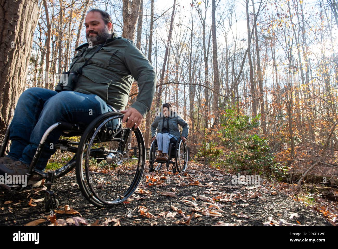 Two people use wheelchairs to hike on a crisp Autumn morning. Stock Photo