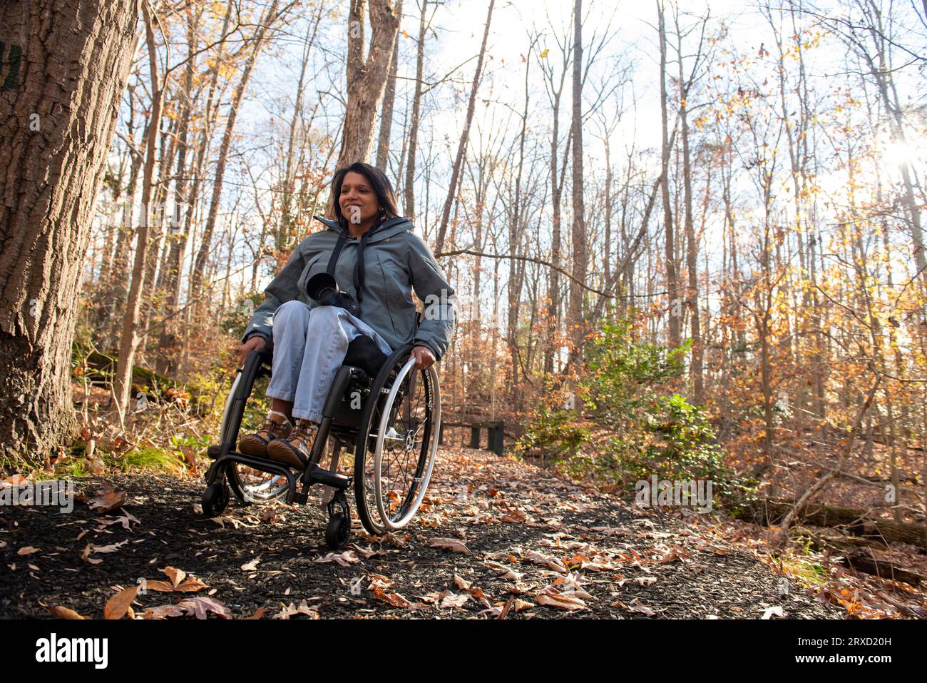 A woman uses a wheelchair to hike on a crisp Autumn morning. Stock Photo