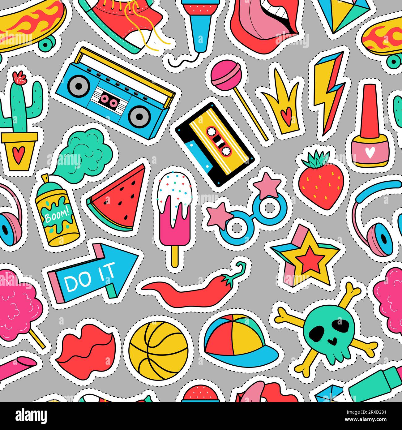 Stickers pattern. Sticky retro labels fashioned teenage items recent