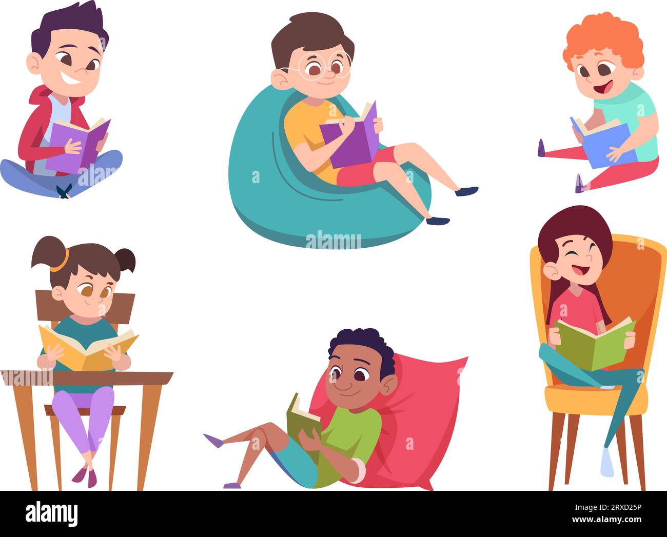 Kids reading books. Happy little people holding walking and sitting with books education in library exact vector cartoon template Stock Vector