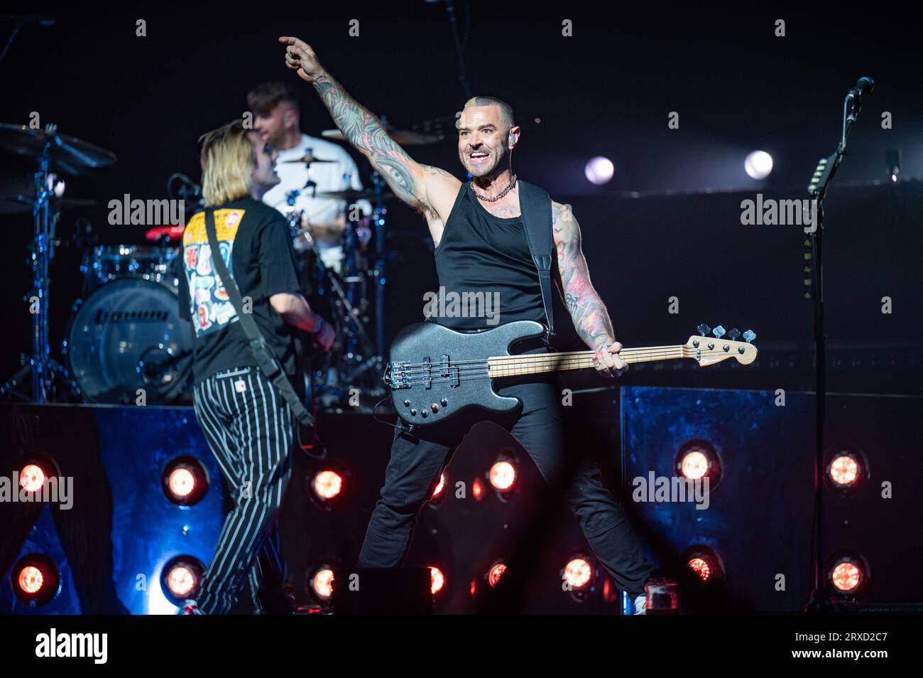 Manchester, UK. 24th September 2023.  James Bourne, Matt Willis and Charlie Simpson of the band Busted perform at Manchester's AO Arena. 2023-09-24 . Credit:  Gary Mather/Alamy Live News Stock Photo