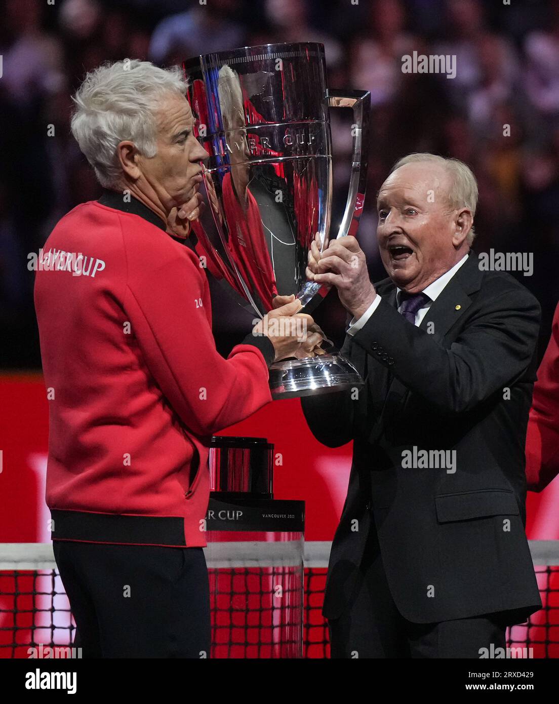 Vancouver, Canada. 24th Sep, 2023. Rod Laver, right, presents the Laver