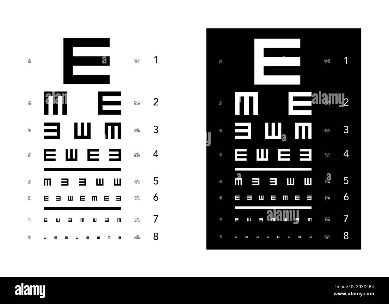 E chart Eye Test Chart tumbling medical illustration. Vector sketch style outline isolated on white and black background. Vision board optometrist ophthalmic for examination Checking optical glasses Stock Vector