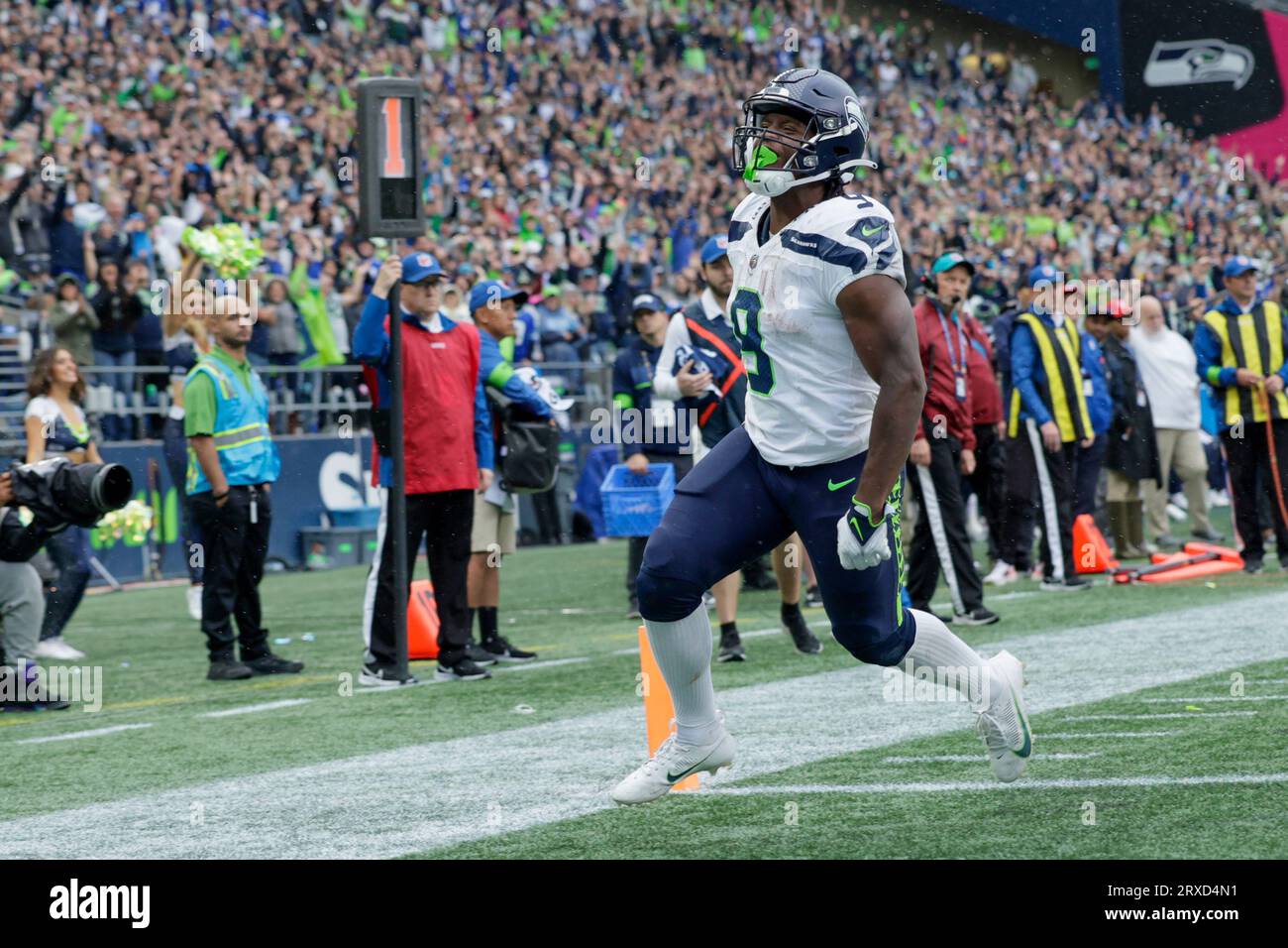 Seattle Seahawks running back Kenneth Walker III celebrats during an NFL  preseason football game against the Dallas Cowboys, Saturday, Aug. 19,  2023, in Seattle. The Seahawks won 22-14. (AP Photo/Stephen Brashear Stock