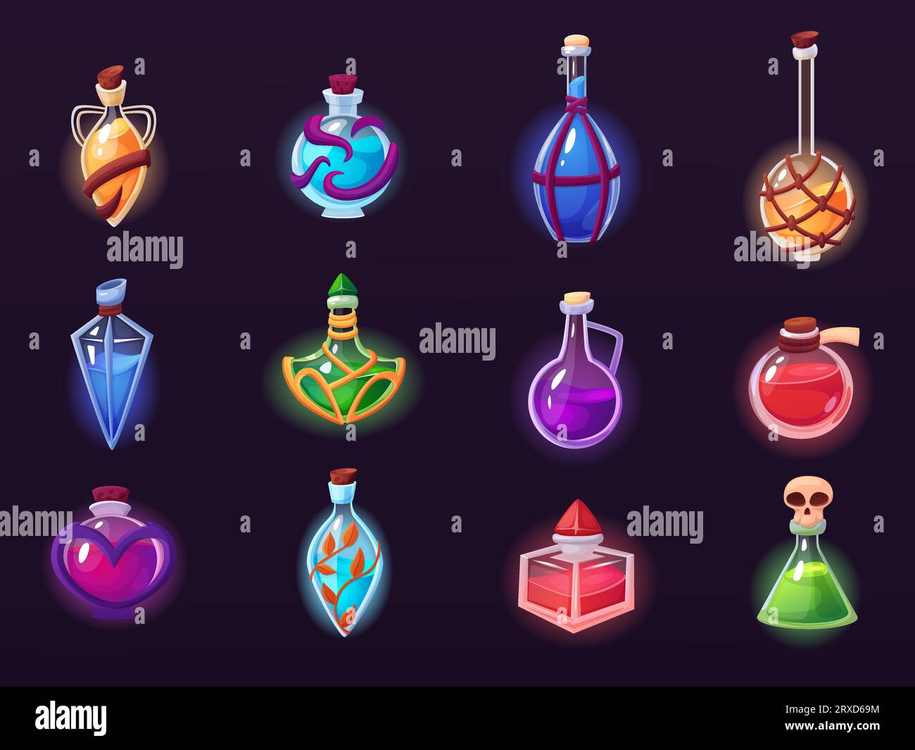 Cartoon poison bottles. Potion vial, liquid magic glass jar. Wizard or witch equipment, halloween glow potions. Magical alchemy nowaday vector set Stock Vector