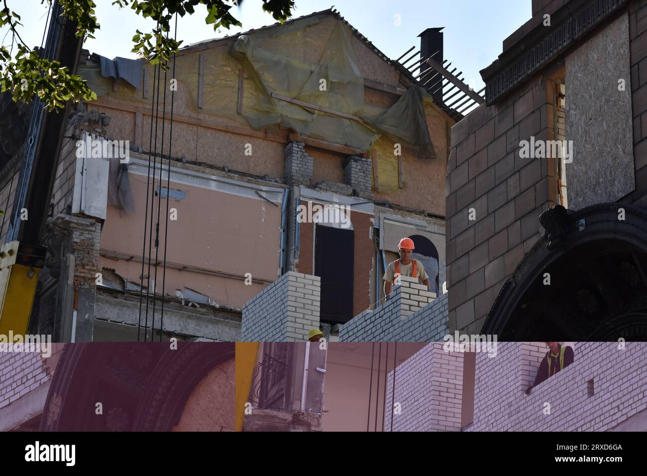 Zaporizhzhia, Ukraine. 13th Sep, 2023. Housebuilders seen during a reconstruction of the apartment building that was heavily damaged by Russian shelling in Zaporizhzhia. The commander of the Tavria group troops, Oleksandr Tarnavskyi (Ukraine), said that the Defence Forces had broken through the Russian defences in Verbove, Zaporizhzhia region. He adds that the main thing is not to lose the initiative that the Ukrainian army has now. (Credit Image: © Andriy Andriyenko/SOPA Images via ZUMA Press Wire) EDITORIAL USAGE ONLY! Not for Commercial USAGE! Stock Photo