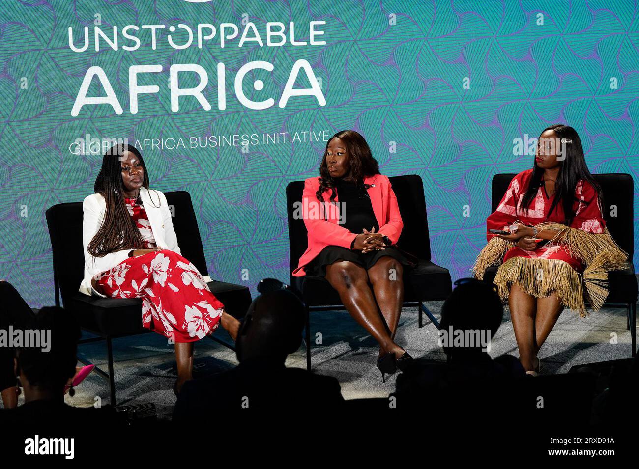 New York, New York, USA. , . Areej Noor, Chido Cleopatra Mpemba, Deniece Laurent-Mantey during the 2023 UNSTOPPABLE AFRICA Conference Presented By Global African Business Initiative, held at the Westin Grand Central in New York City, September 21-22 2023. Credit: Jennifer Graylock/Alamy Live News Stock Photo