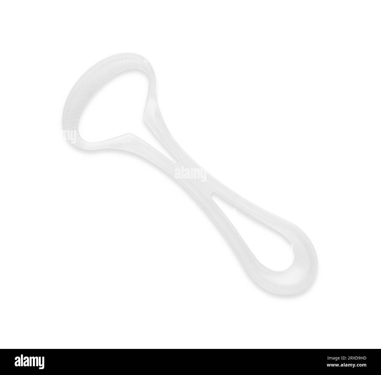 One plastic tongue cleaner isolated on white, top view. Dental care