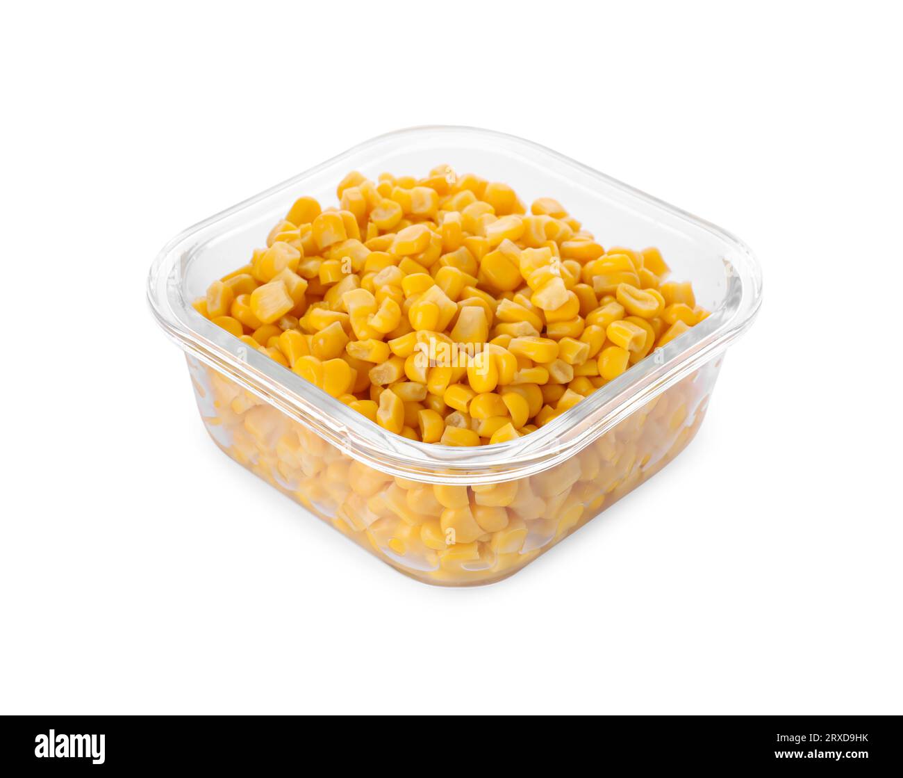 Glass container with tasty corn kernels isolated on white Stock Photo