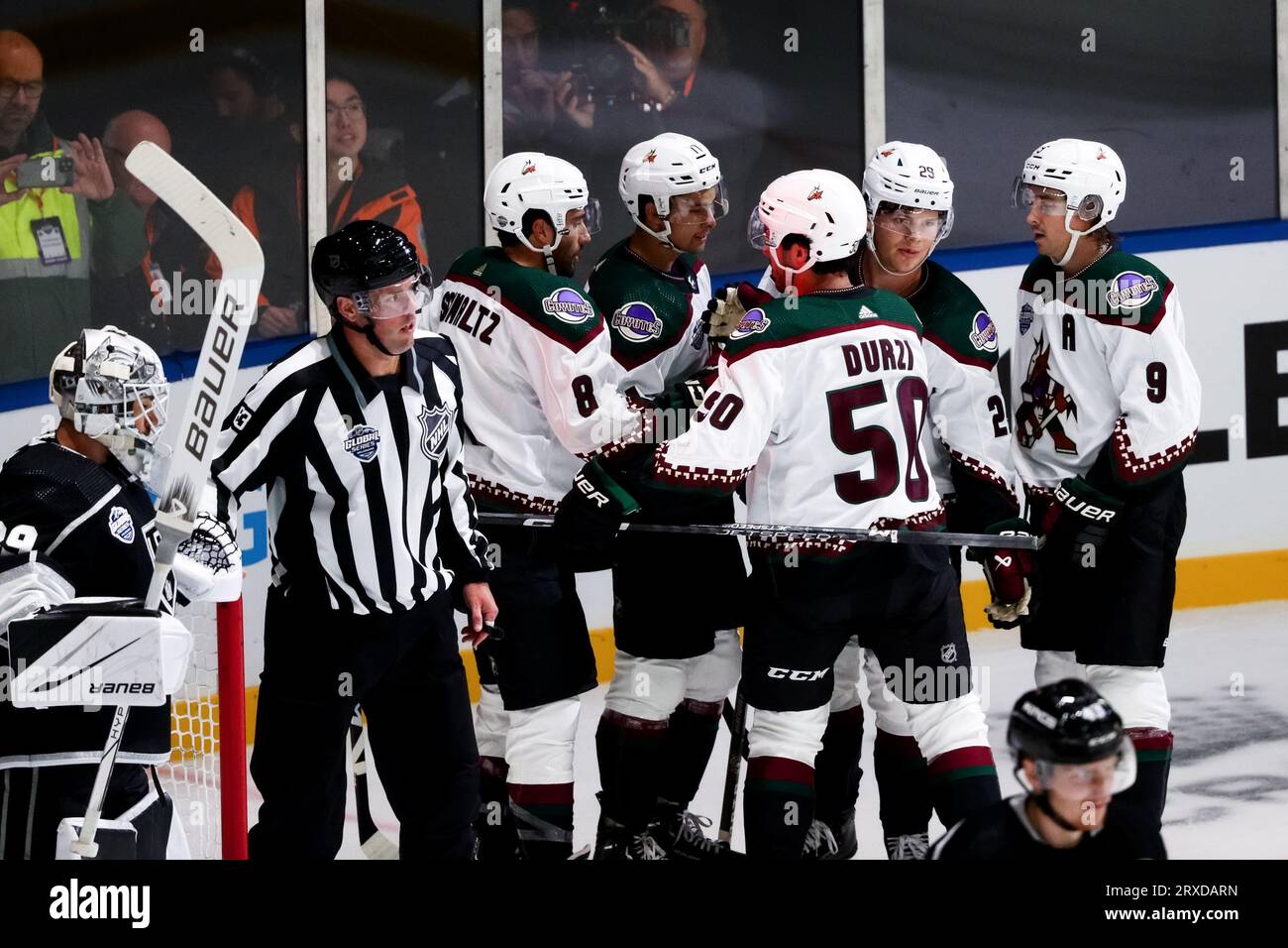 Melbourne, Australia, 24 September, 2023. Arazona Coyotes celebrate a goal during the NHL Global Series match between The Los Angeles Kings and The Arizona Coyotes at Rod Laver Arena on September 24, 2023 in Melbourne, Australia. Credit: Dave Hewison/Alamy Live News Stock Photo