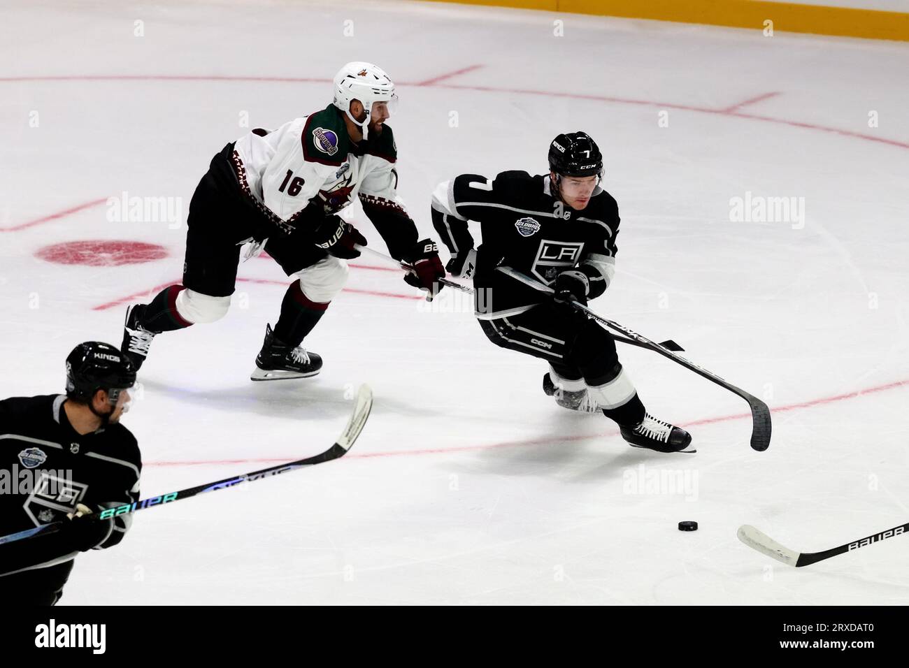 Melbourne, Australia, 24 September, 2023. Tobias Bjornfot of The Los Angeles Kings controls the puck during the NHL Global Series match between The Los Angeles Kings and The Arizona Coyotes at Rod Laver Arena on September 24, 2023 in Melbourne, Australia. Credit: Dave Hewison/Alamy Live News Stock Photo