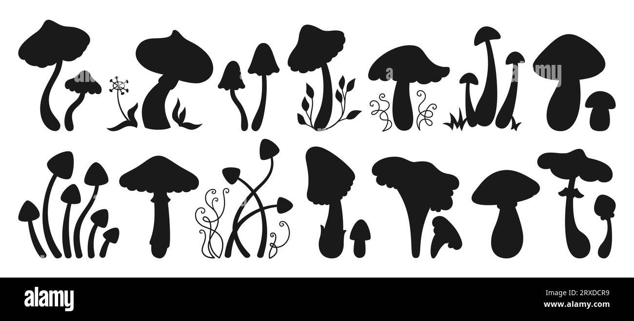 Mushrooms mystical silhouette set. Stylizes hippie toxic poisonous and magic edible mushrooms shape. Organic porcini and chanterelle, psychedelic fungus. Alchemy figure black collection vector Stock Vector
