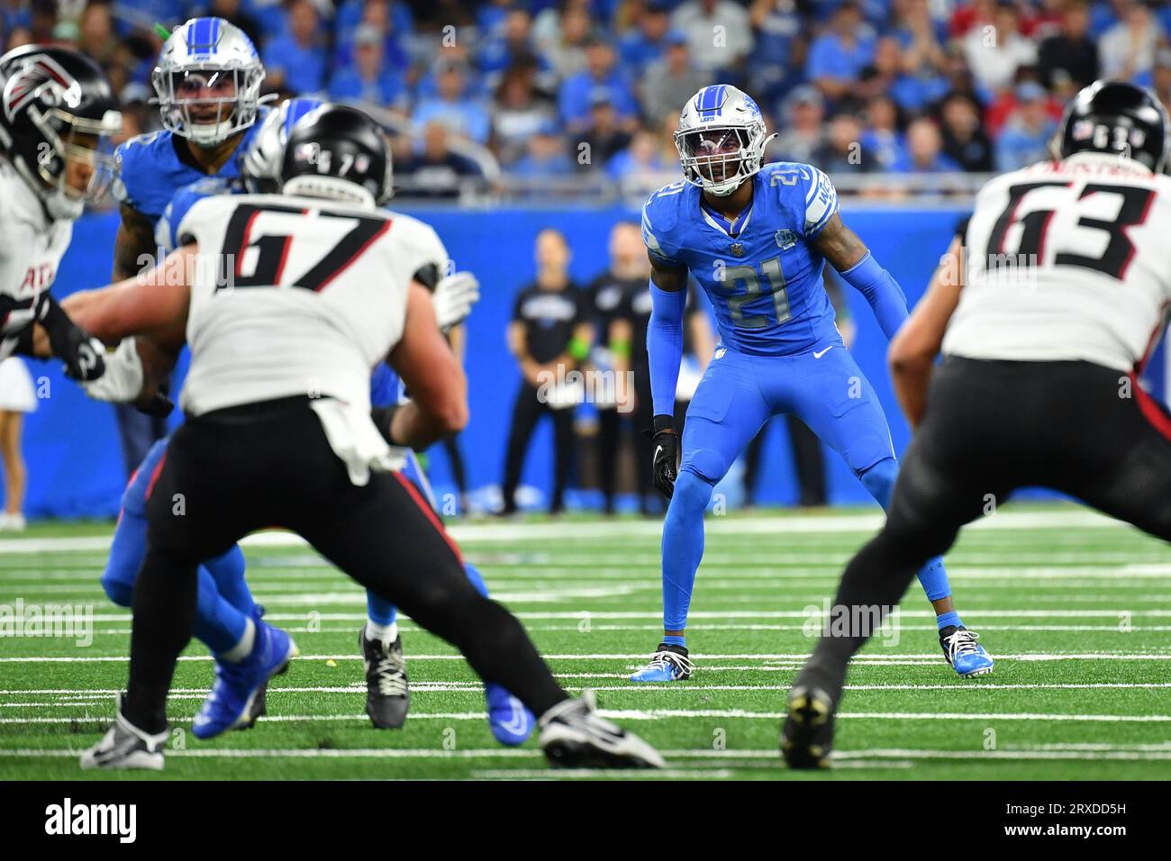 DETROIT, MI - SEPTEMBER 24: Detroit Lions S (21) Tracy Walker III in action during the game between Atlanta Falcons and Detroit Lions on September 24, 2023 at Ford Field in Detroit, MI (Photo by Allan Dranberg/CSM) (Credit Image: © Allan Dranberg/Cal Sport Media) Credit: Cal Sport Media/Alamy Live News Stock Photo