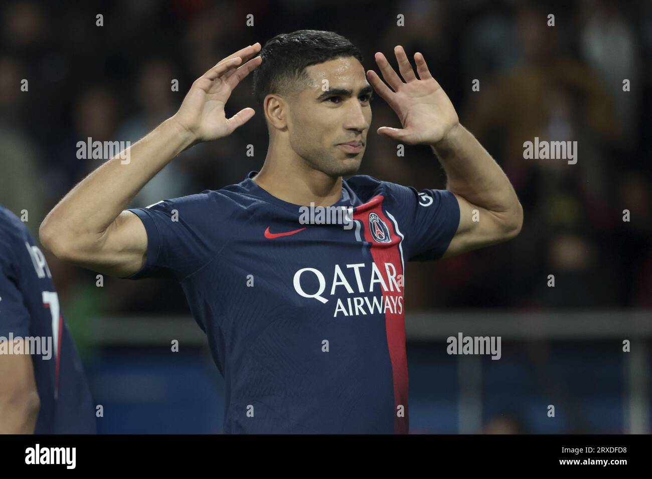 Achraf Hakimi of PSG celebrates his goal during the French championship  Ligue 1 football match between Paris Saint-Germain and Olympique de  Marseille on September 24, 2023 at Parc des Princes stadium in