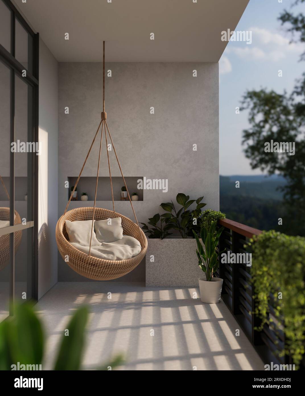 A modern beautiful home balcony with a hanging wicker armchair lounge ...