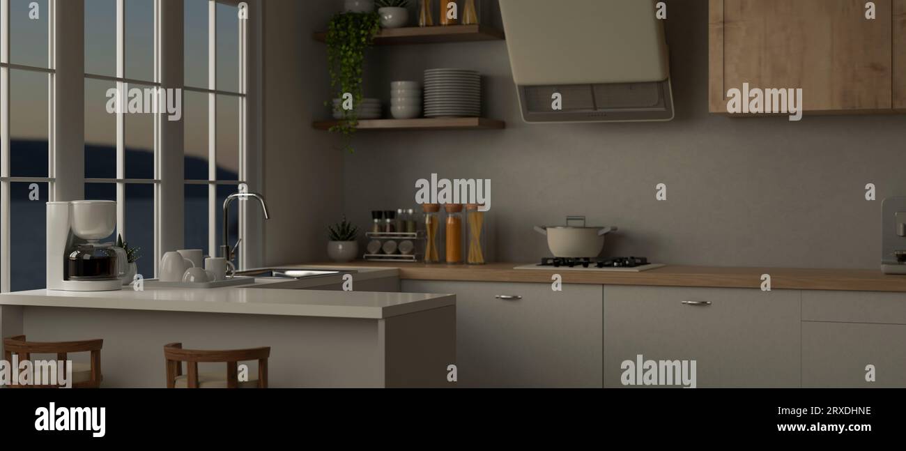 Interior design of a modern minimalist white kitchen with a kitchen ...