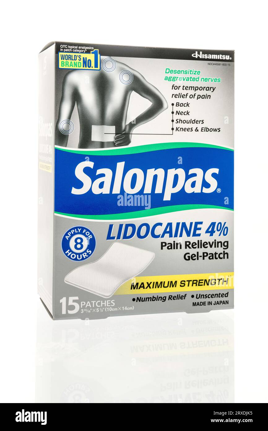 Winneconne, WI - 23 September 2023:  A package Salonpas pain relieving gel patch on an isolated background Stock Photo
