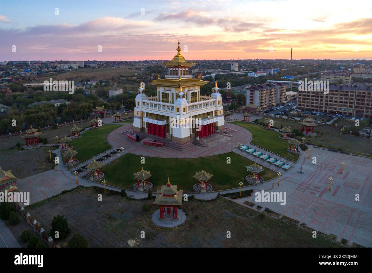 View of the Buddhist temple 'Golden Abode of Buddha Shakyamuni' on the early September morning (aerial view). Elista, Republic of Kalmykia. Russia Stock Photo