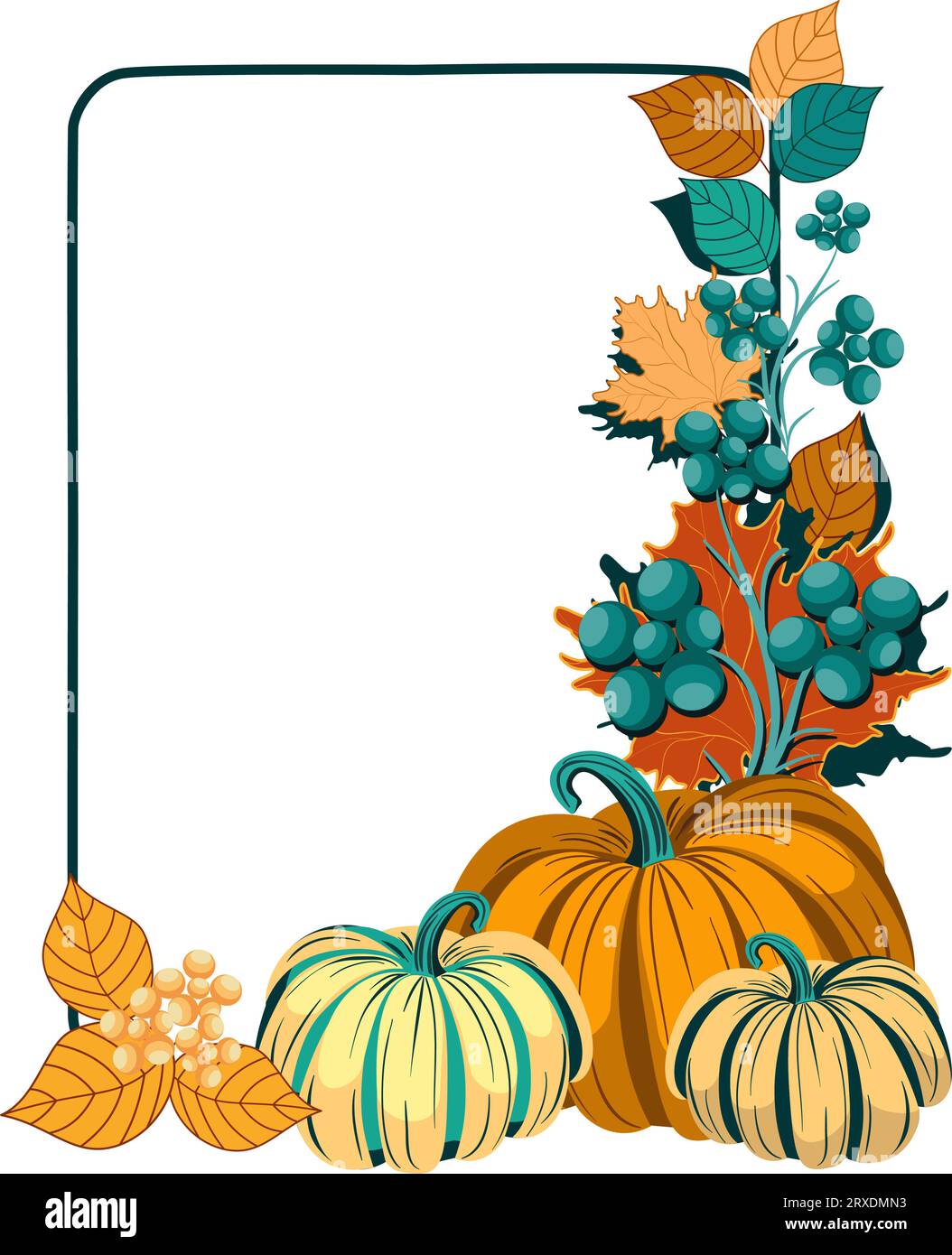 Autumn floral frame with pumpkins and leaves. Vector illustration Stock Vector