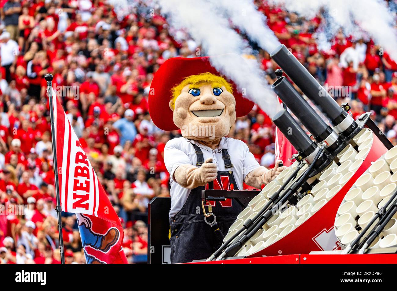 Lincoln, NE. U.S. 23rd Sep, 2023. Nebraska Cornhuskers mascot Herbie Husker takes a ride around Tom Osborne Field during a break in the action during a NCAA Division 1 football game between Louisiana Tech Bulldogs and the Nebraska Cornhuskers at Memorial Stadium in Lincoln, NE.Nebraska won 28-14.Attendance: 87,115.391st consecutive sellout.Michael Spomer/Cal Sport Media/Alamy Live News Stock Photo