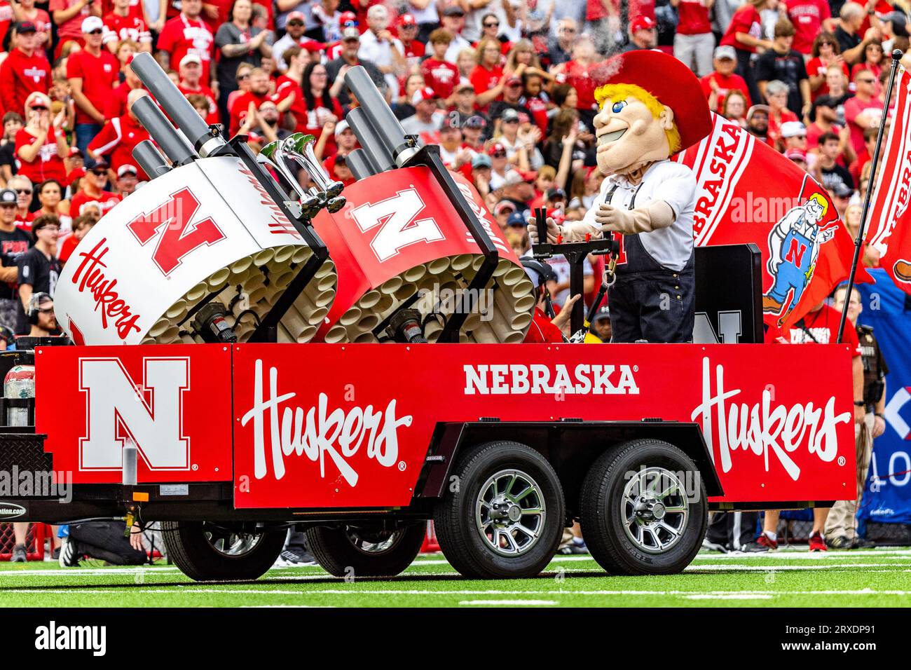 Lincoln, NE. U.S. 23rd Sep, 2023. Nebraska Cornhuskers mascot Herbie Husker takes a ride around Tom Osborne Field during a break in the action during a NCAA Division 1 football game between Louisiana Tech Bulldogs and the Nebraska Cornhuskers at Memorial Stadium in Lincoln, NE.Nebraska won 28-14.Attendance: 87,115.391st consecutive sellout.Michael Spomer/Cal Sport Media/Alamy Live News Stock Photo