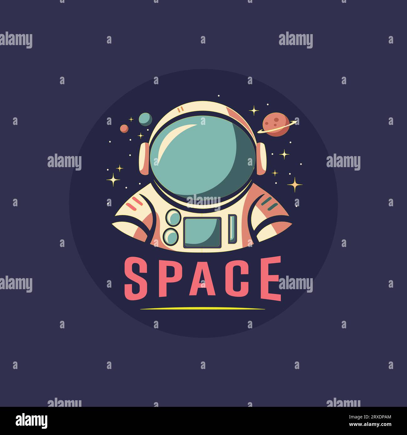astronaut emblem logo in outer space isolated dark background Stock Vector