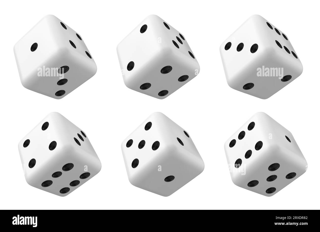 Play 3d isolated white casino game dice vector. Realistic rolling die gambling cube object set. Lucky roll chance with three, two, 6, and 1 object side illustration. Risk vegas backgammon opportunity Stock Vector