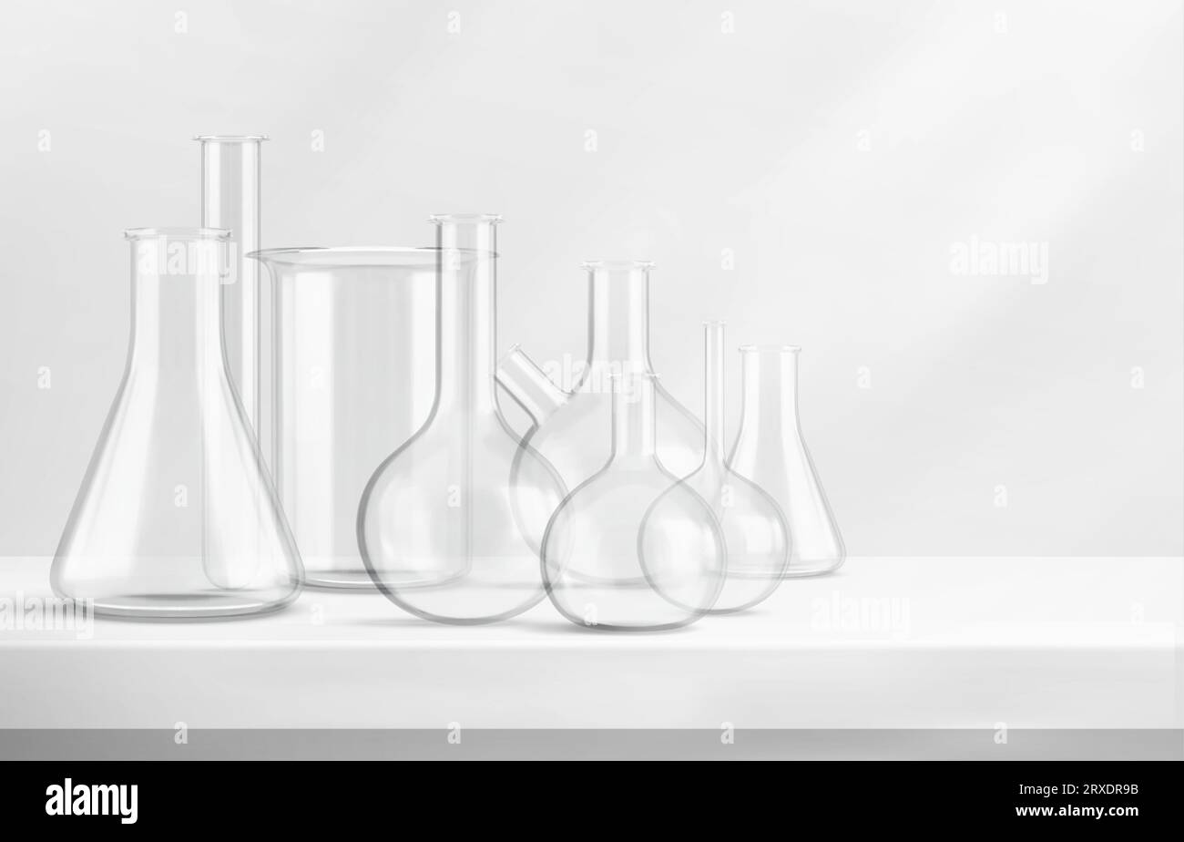 3d glass chemistry beaker on laboratory table. Realistic lab flask