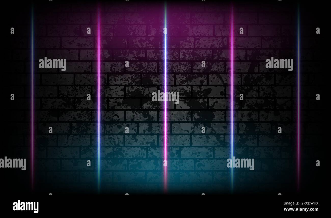 Blue purple neon laser lines on grunge brick wall. Abstract rays ...