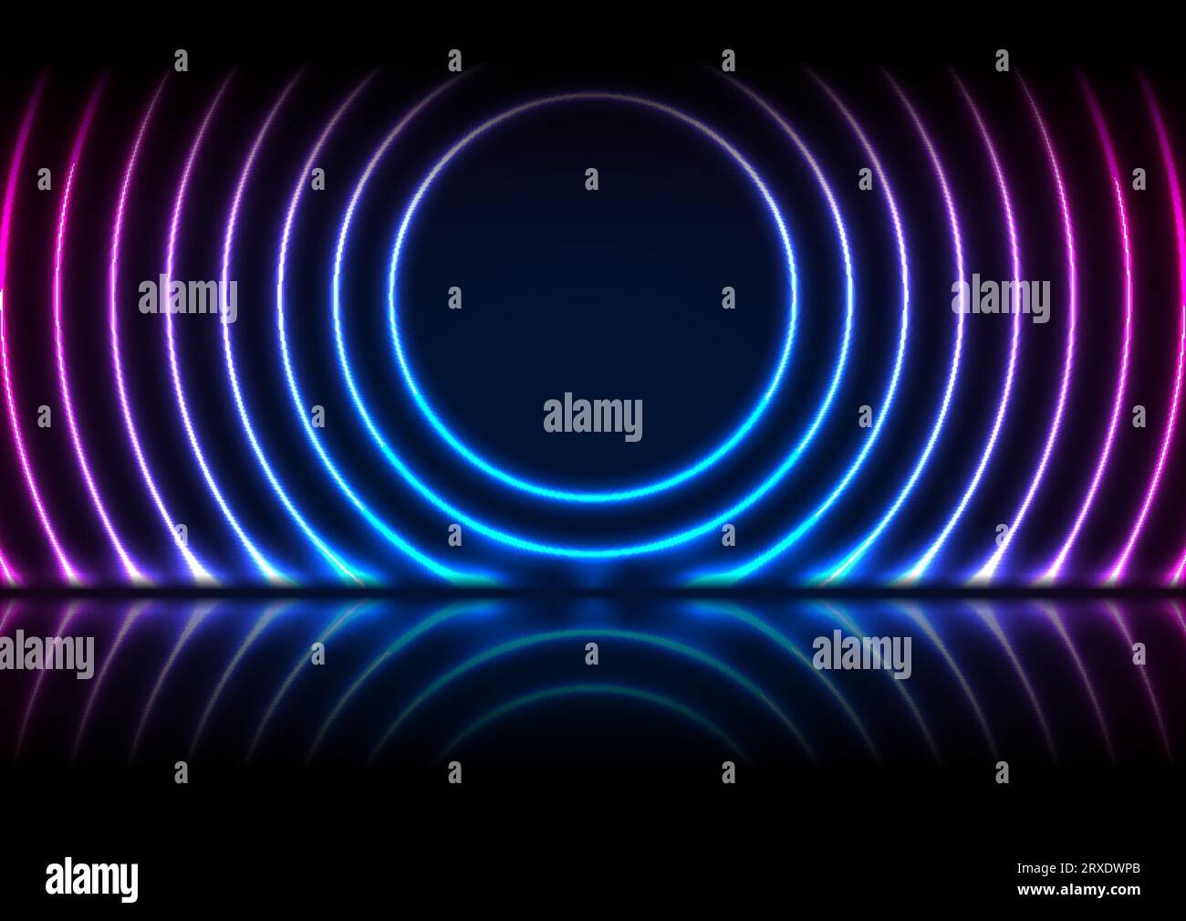Blue and purple neon laser circles with reflection. Abstract technology ...