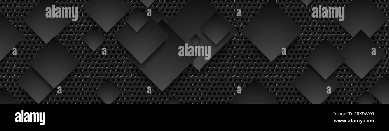 Black squares on dark perforated metallic background. Abstract ...