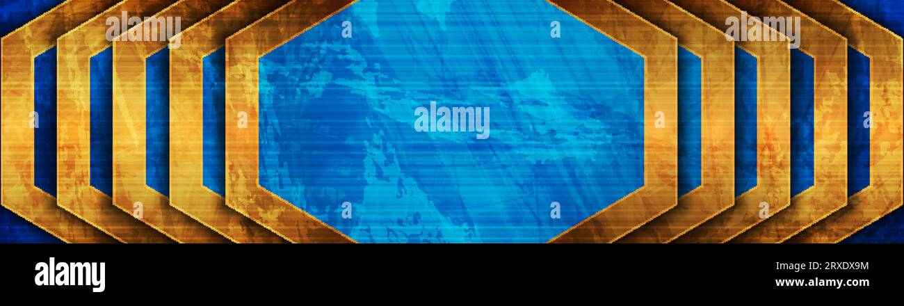 Orange and blue grunge banner design with hexagons. Geometric tech ...