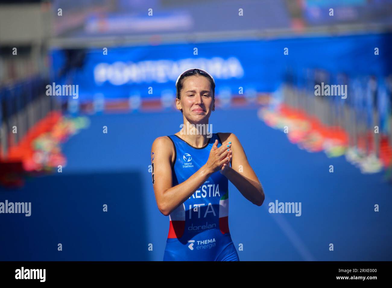 Pontevedra, Spain. 24th Sep, 2023. Pontevedra, Spain, September 24, 2023: Italian triathlete Angelica Prestia takes the bronze medal during the 2023 Women's U23 Triathlon World Championships, on September 24, 2023, in Pontevedra, Spain. (Photo by Alberto Brevers/Pacific Press) Credit: Pacific Press Media Production Corp./Alamy Live News Stock Photo