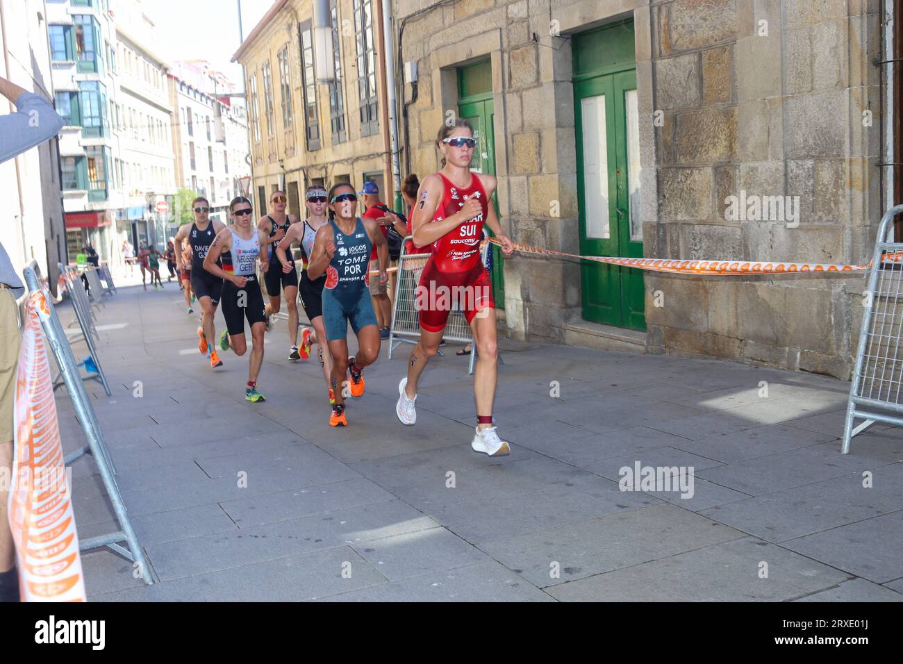 Pontevedra, Spain. 24th Sep, 2023. Pontevedra, Spain, September 24, 2023: Swiss triathlete Cathia Schär leads the athletics section during the 2023 Women's U23 Triathlon World Championships, on September 24, 2023, in Pontevedra, Spain. (Photo by Alberto Brevers/Pacific Press) Credit: Pacific Press Media Production Corp./Alamy Live News Stock Photo