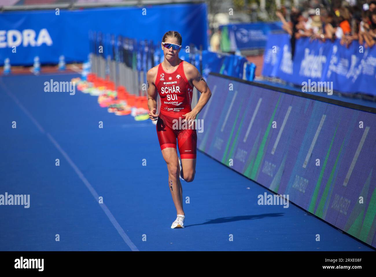 Pontevedra, Spain. 24th Sep, 2023. Pontevedra, Spain, September 24, 2023: Swiss triathlete Cathia Schär reaching the finish line during the 2023 Women's U23 Triathlon World Championship, on September 24, 2023, in Pontevedra, Spain. (Photo by Alberto Brevers/Pacific Press) Credit: Pacific Press Media Production Corp./Alamy Live News Stock Photo