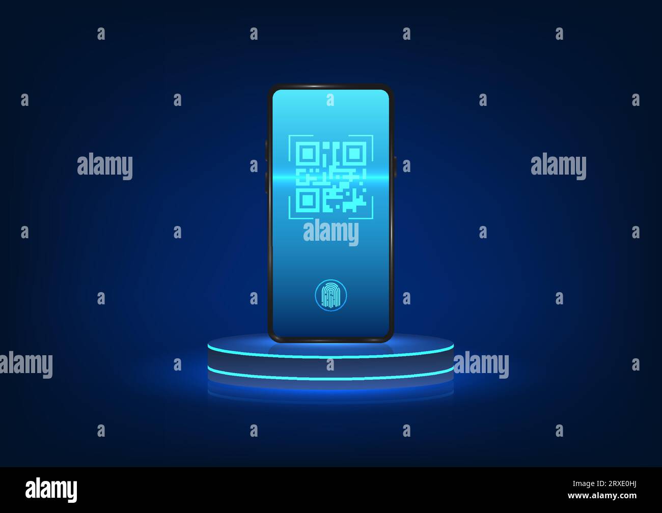smartphone technology A mobile phone was placed on a podium with the screen scanning a QR code. You can pay or view information. Passed the QR code sc Stock Vector